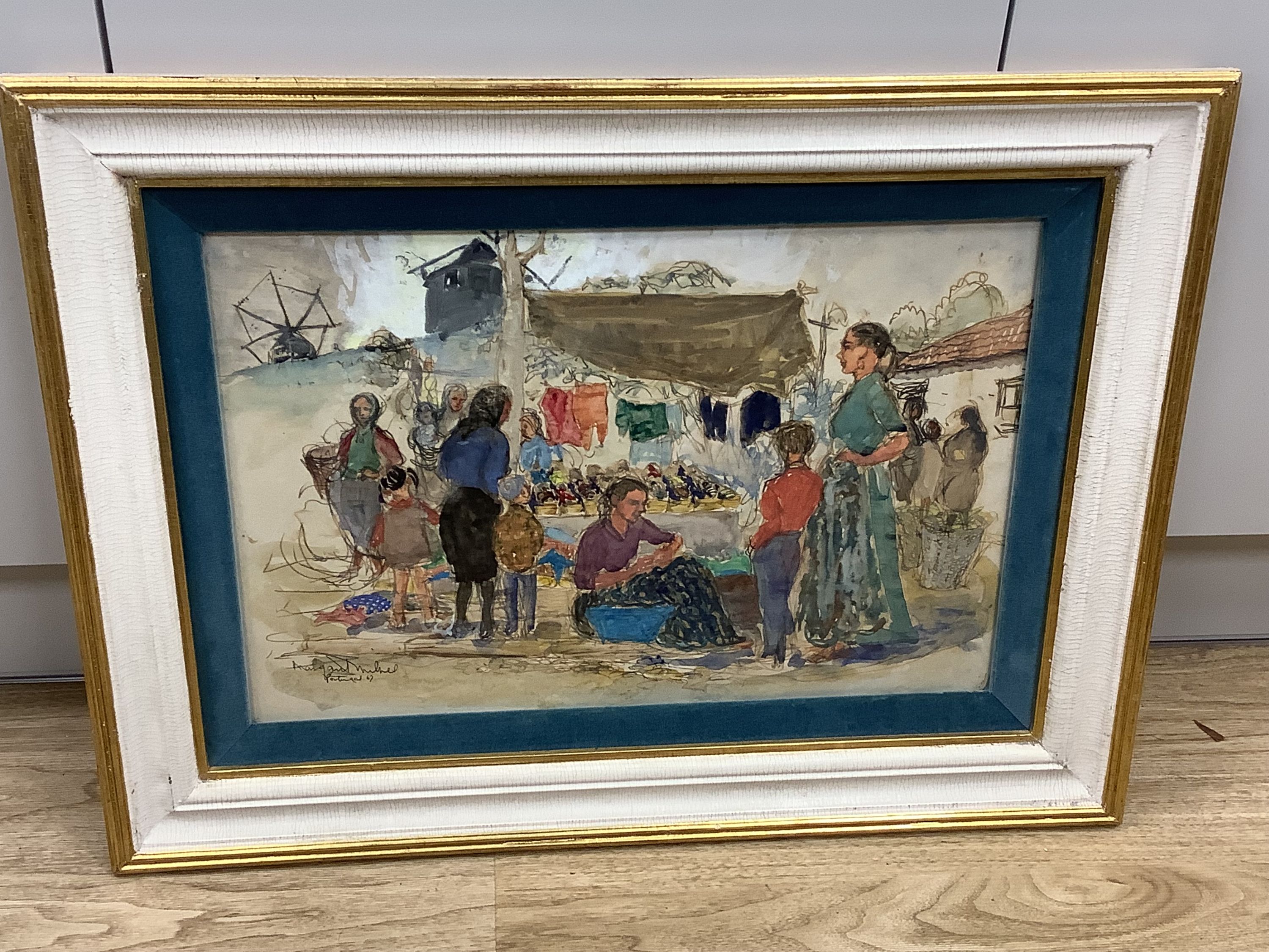 Margaret Milnes (1908-1998), two watercolours, Market Scene, Portugal and Fishermen, Portugal, 33 x 50cm & 30 x 47cm